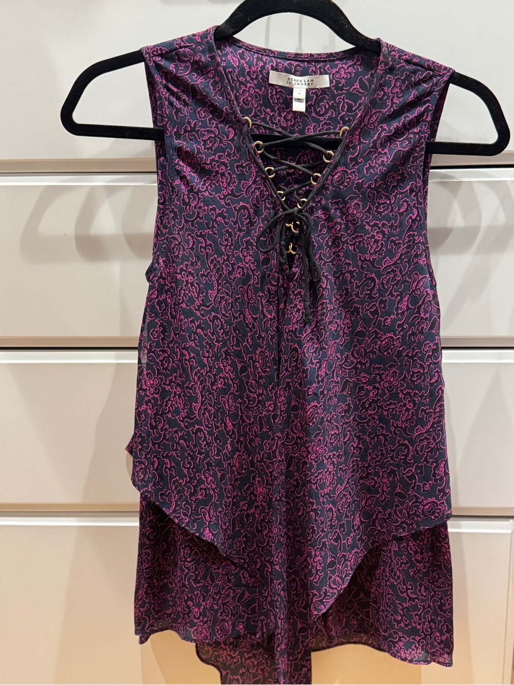 Derek Lam Sleeveless Lace-Up Hi-Low Top in Dark navy with Pink Print